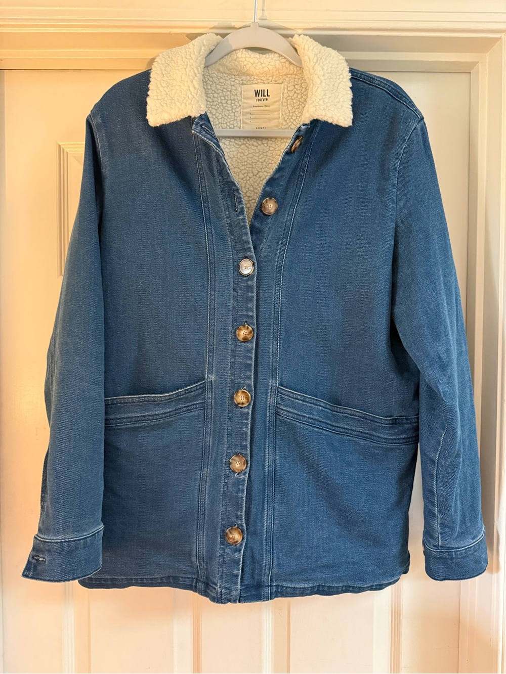 Sézane Will Jacket in Denim Blue with Wool collar